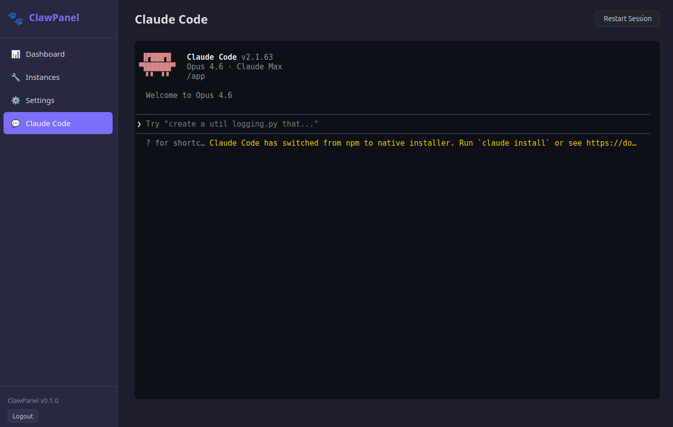 Built-in Claude Code terminal in the dashboard
