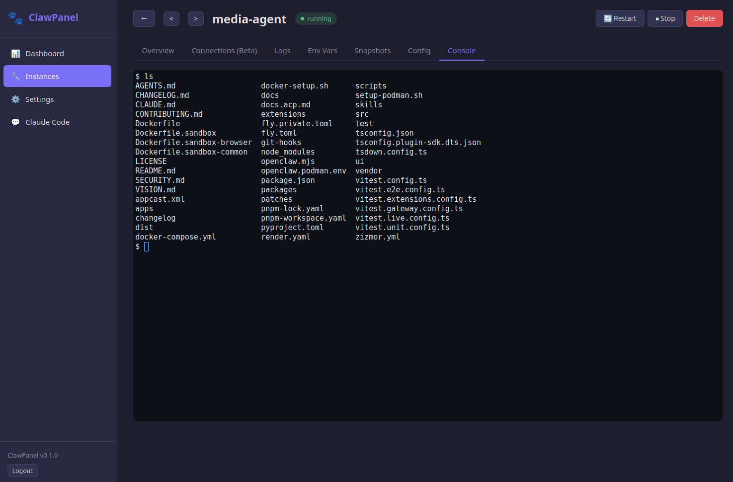 Web terminal with shell access into a running container