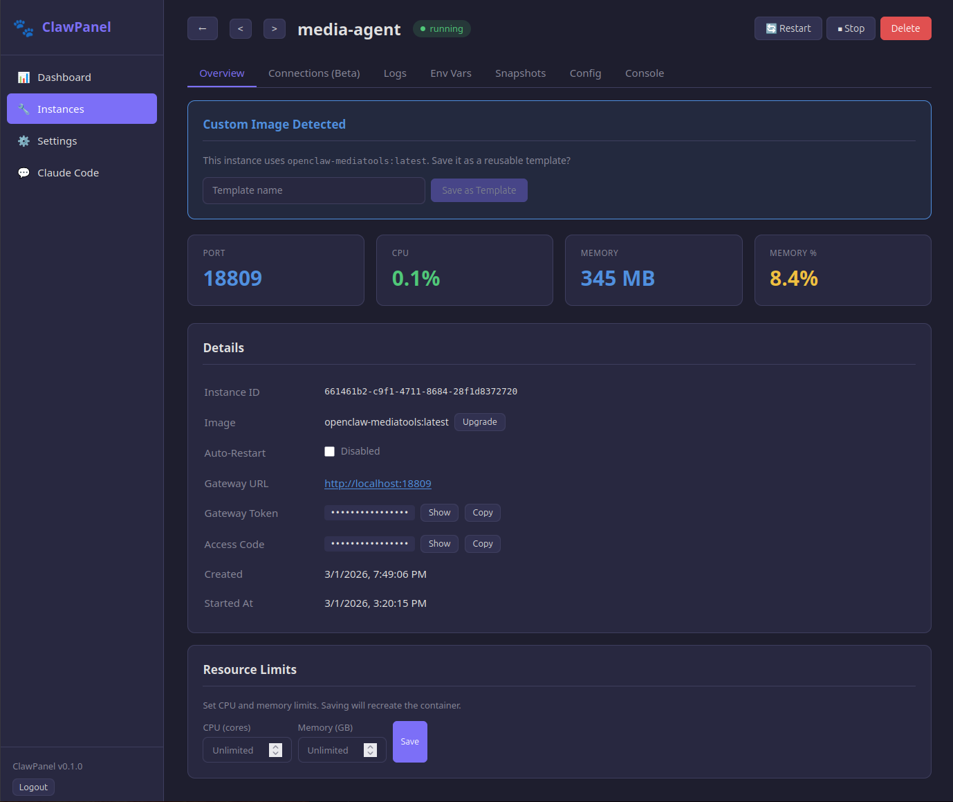 Custom image detection banner with save-as-template option