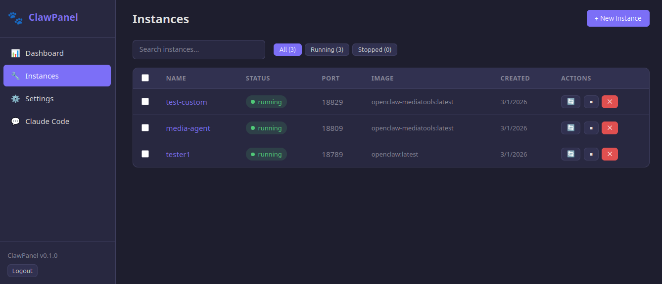 Instance list with search, filters, and bulk actions