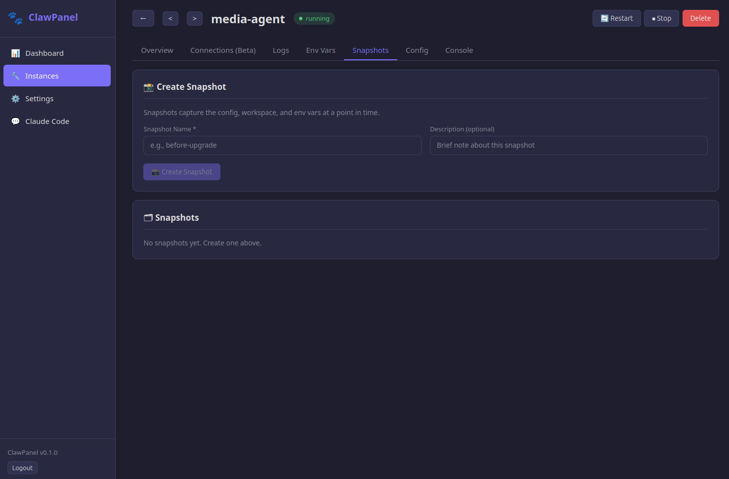 Snapshots tab for creating point-in-time backups