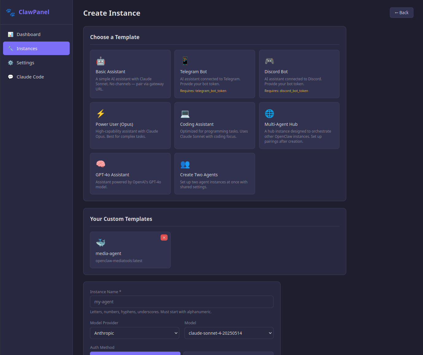 Template selection with 8 prebuilt options
